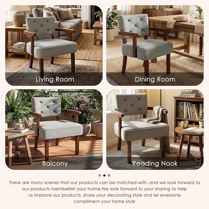 Versatile Side Arm Chair, Small Modern Accent Chair, Upholstered Wooden Armchair, Corner Chair with Arm Rest,Tufted Backrest, Cushion, for Office,Waiting/Reading/Living Room, Grey