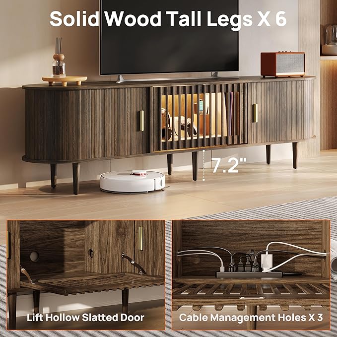 70" Fluted Mid Century Modern TV Stand for TVs Up to 75", Tambour Sliding Doors Entertainment Center with Storage&LED, Curved Media&TV Console Long TV Stands for Living Room Bedroom, Walnut