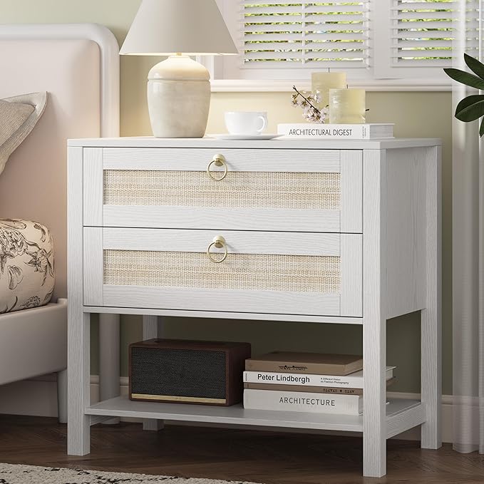Xixini Nightstand wih 2 Drawers & Open Shelf, 27" Wide Rattan Boho Bedside Table with Brass Knobs, Small Mid Century Modern Night Stand, Wooden End Side Table for Bedroom, Living Room, Closet, White