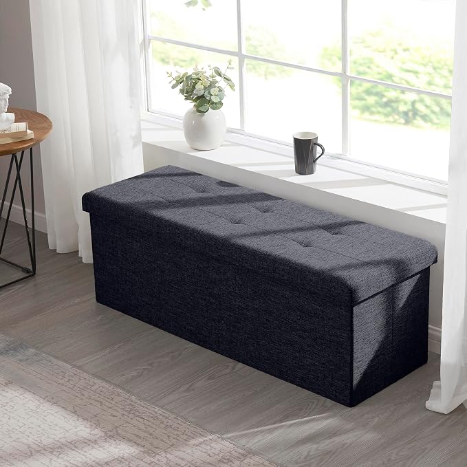 Ornavo Home Folding Storage Ottoman, 43 Inch Extra Large Storage Bench with Lid, Foot Rest Stool for Bedroom, Living Room, Entryway, Tufted Linen Upholstered - Black