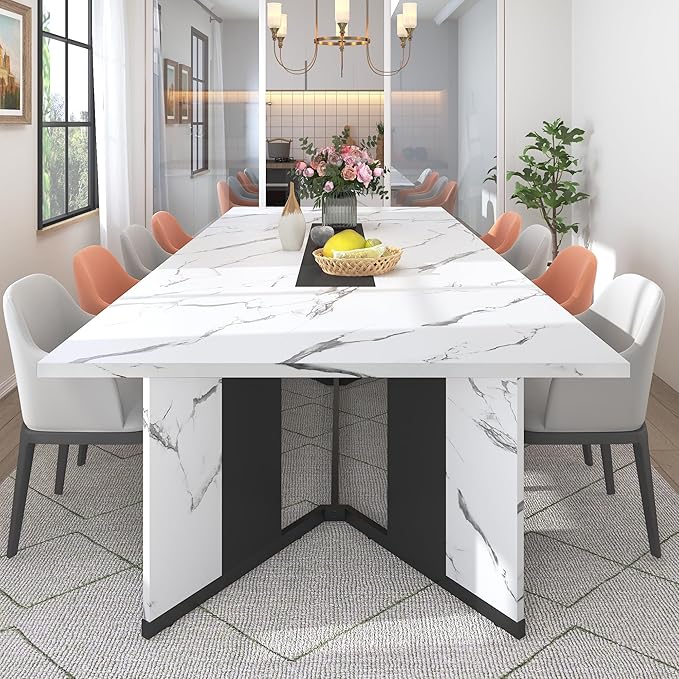 Hlivelood 94Inch Large Dining Table for 8 10 People,Wooden Rectangular Kitchen Table W/Waterproof Tabletop,Large Rectangle Furniture W/Adjustable Legs,White Dinner Table for Kitchen Dining Room(94IN)