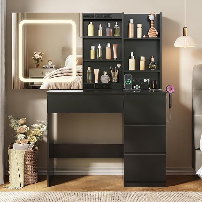 Vabches Make Up Vanity Desk with Charging Station, Vanity Set with Mirror and Lights,Dressing Table with 4 Drawers & Storage Shelves,37inch, Black