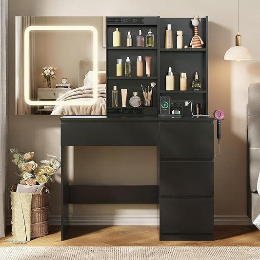 Vabches Make Up Vanity Desk with Charging Station, Vanity Set with Mirror and Lights,Dressing Table with 4 Drawers & Storage Shelves,37inch, Black