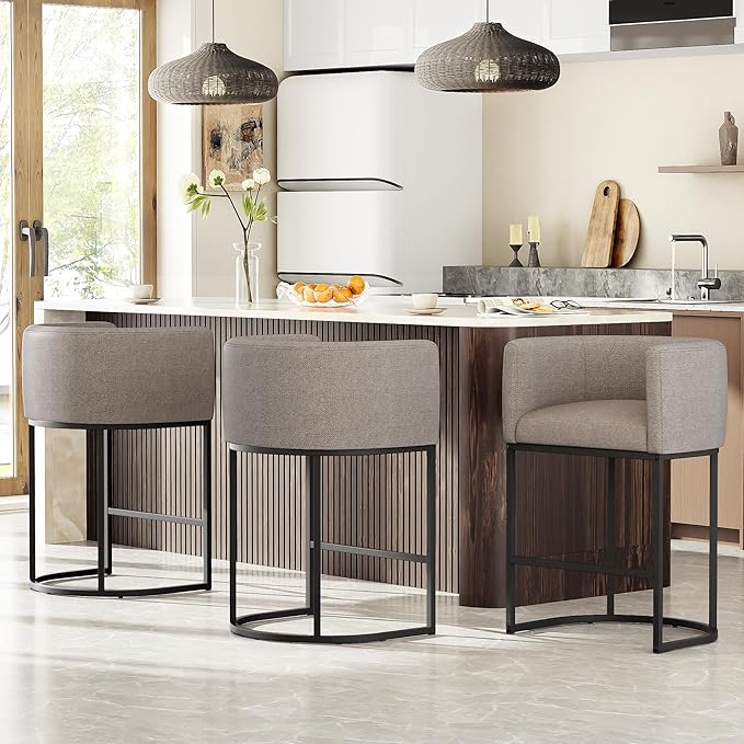 26" H Counter Height Bar Stools Set of 3, Modern Barrel Counter Stools with Backrest and Arms, Linen Fabric Upholstered Accent Barstools for Kitchen Island,Support 450 LBS (Sand)
