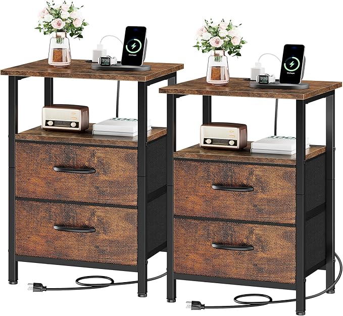 Vagusicc Nightstand Set of 2, Rustic Brown, with Charging Station and USB Ports, Bedside Table with 2 Fabric Drawers, 24.2" Tall Side Table with Storage Shelf,Small Night Stand for Bedroom/Living Room