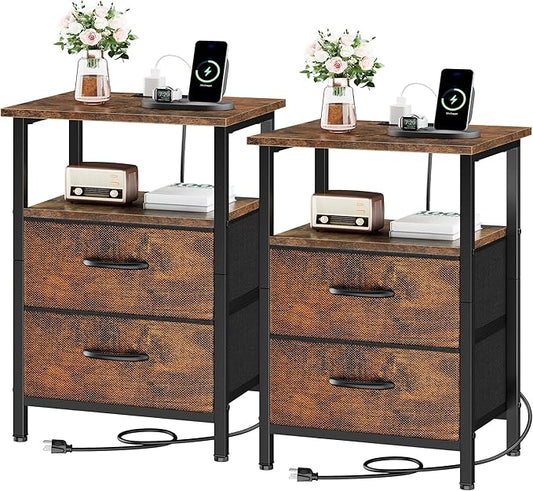 Vagusicc Nightstand Set of 2, Rustic Brown, with Charging Station and USB Ports, Bedside Table with 2 Fabric Drawers, 24.2" Tall Side Table with Storage Shelf,Small Night Stand for Bedroom/Living Room