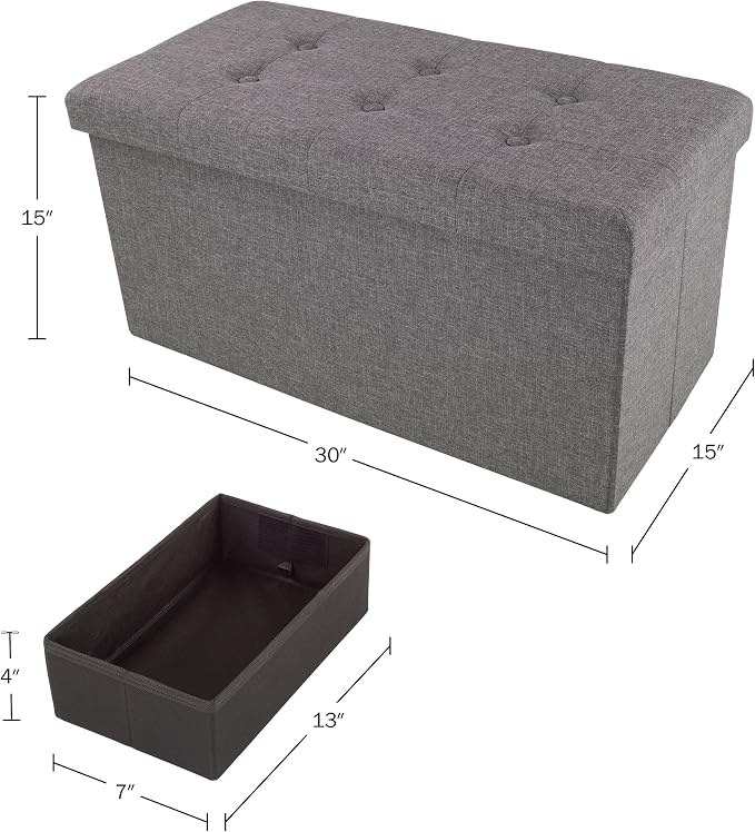 Lavish Home Folding Storage Ottoman - Set of 2 30-Inch Folding Tufted Footrest, Linen Chest, or Bench with Removable Bin for Living Room, Bedroom, or Dorm (Dark Gray)