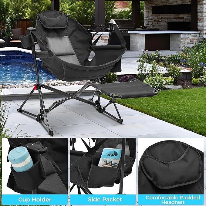 Ainfox Hammock Camping Chair with Footrest, Oversized Folding Swinging Chair for Adults, Rocking Portable Camp with Cup Holder Pillow for Outdoor Patio Lawn Poolside (Matt Black‌)