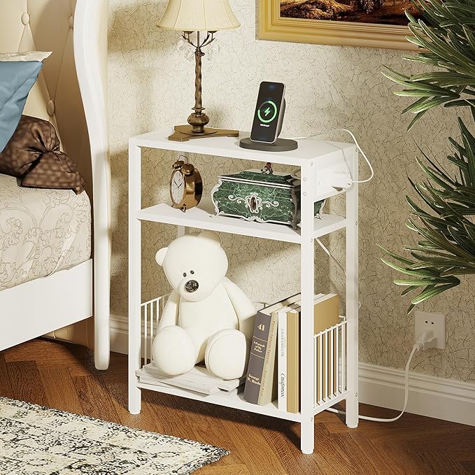 TRIFEBLE Narrow Side Table with Charging Station, Small End Table for Small Spaces, Slim Nightstand with Storage Basket, 3 Tier Skinny Bedside Table for Living Room, Bedroom, White