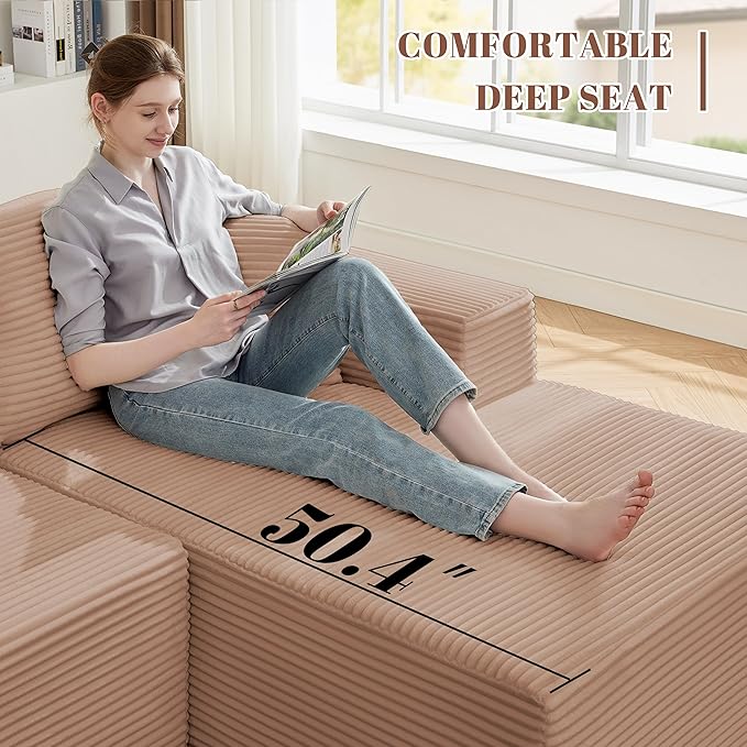 Mangodan 110” Cloud Sectional Couch, Boneless Sofa for Living Room, Modular Sectional Sofa with Deep Seat, Comfy Fluffy Couch with L-Shaped Chaise, No Assembly Required (Right-Facing Chaise, Camel)
