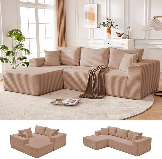 Mangodan 110” Cloud Sectional Couch, Modular Sectional Sofa for Living Room, Boneless Sofa with Deep Seat, Comfy Fluffy Couch with L-Shaped Chaise, No Assembly Required (Left-Facing Chaise, Camel)