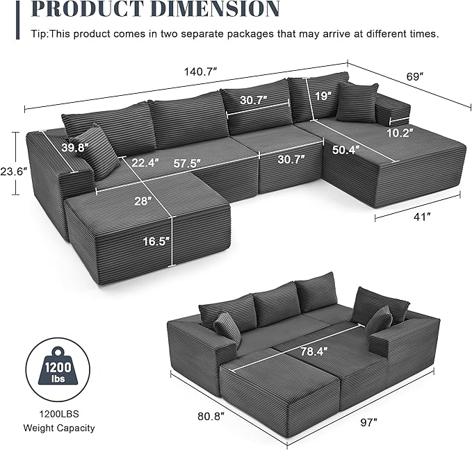 Mangodan 140” Cloud Sectional Couch, Boneless Sofa for Living Room, Modular Sectional Sofa with Deep Seat, Comfy Fluffy U-Shaped Couch with Right-Facing Chaise, No Assembly Required, Grey