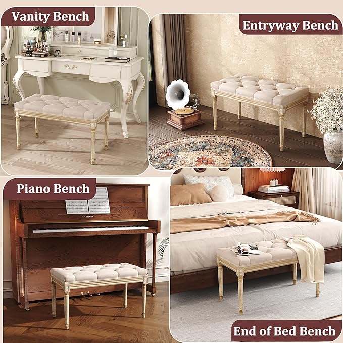 Yusong Upholstered Bench, Bedroom Bench for End of Bed, Piano Bench with Button Tufted Padded Seat for Living Room, Dining, Entryway, Shoe, Vanity Foot-Stool with Carved Wood Legs, Beige