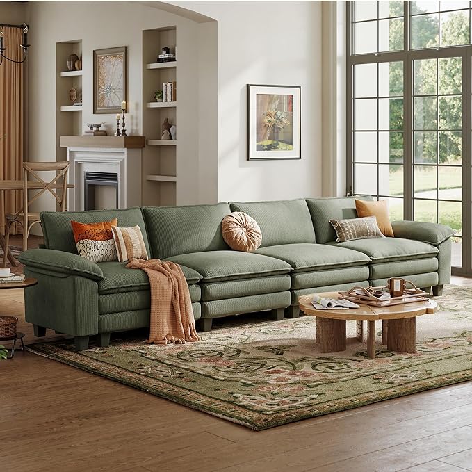 LINSY HOME 157" Modular Sectional Sofa, 4-Seat Corduroy Modern Cloud Couch with Deep Seat, Perfect for Living Room, Office, Bedroom, Green