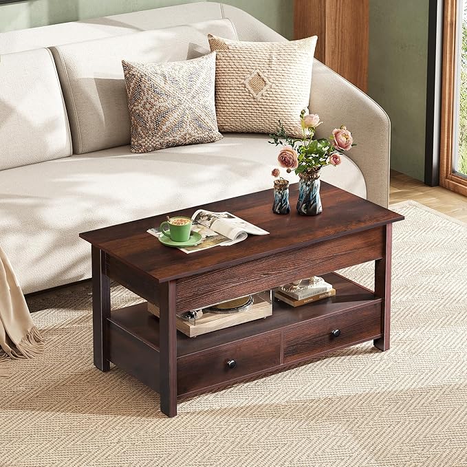 WLIVE Coffee Table, Lift Top Coffee Table with 2 Drawers, Large Hidden Compartment and Open Storage Shelf, Lift Tabletop, Dining Table for Living Room, Espresso