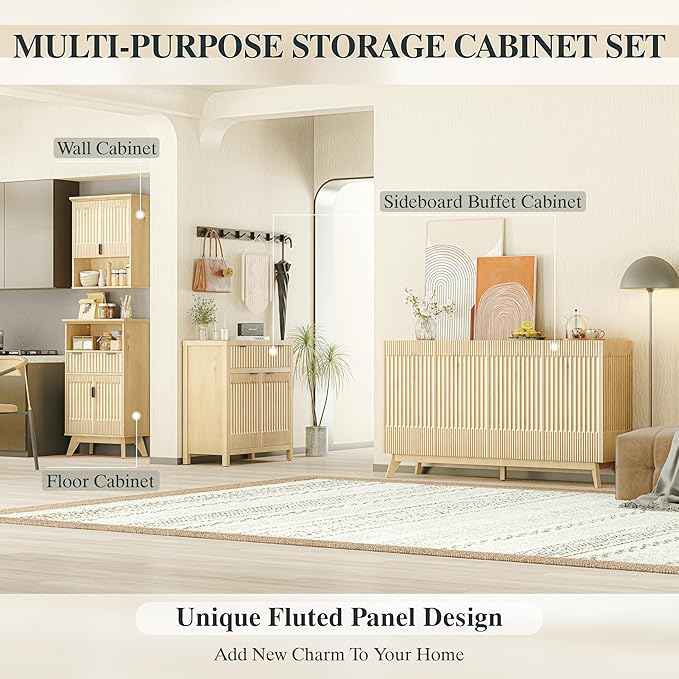 FLOWBACK Fluted Cabinet, 40'' High Coffee Bar Cabinet with Drawer & Door, Bathroom Storage with Open Shelf, Wood Kitchen Pantry Sideboard Buffet Table with Shelves for Kitchen, Dining Room, Entryway