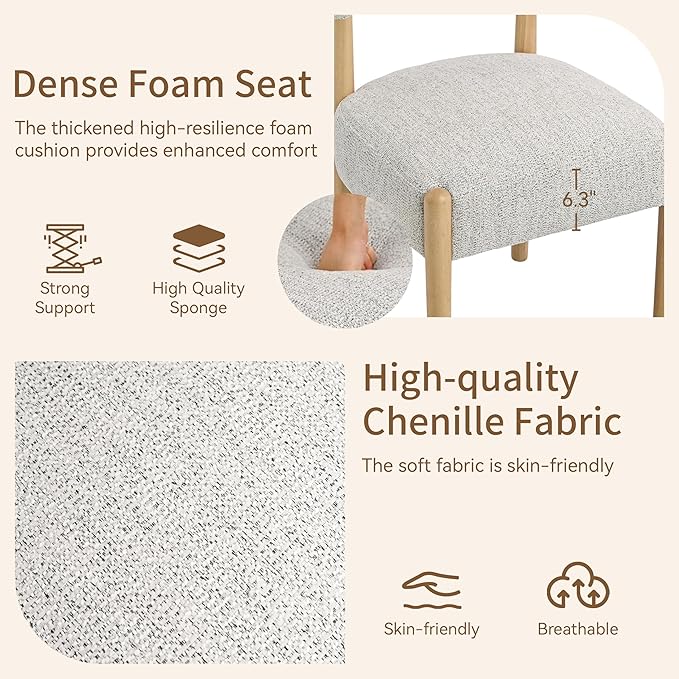 VKNOW Upholstered Dining Room Set for 4, Mid-Century Modern Dining Chairs Set of 2 and Dining Bench with Rubberwood Legs, for Dining Room, Living Room, Kitchen, Heathered Off-White