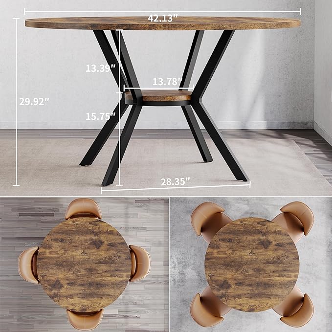 MECHYIN Round Dining Table for 2-4, 42 Inch Wood Kitchen & Dining Room Tables with Storage, Circle Dinner Table with Metal Legs, Space Saving Small Table for Dining Room, Kitchen, Rustic Brown
