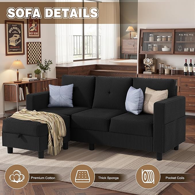 JAMFLY Convertible L-Shaped Sectional Sofa with Reversible Storage Ottoman, 3-Seat Couch with Side Pockets, Modern Compact Furniture for Small Apartments, Studios & Lofts, Black
