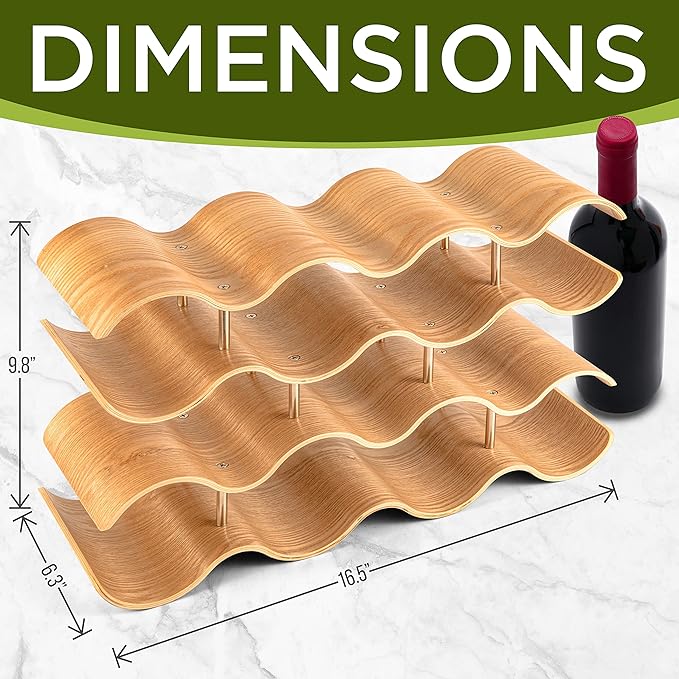 NutriChef Bamboo Wine Rack - 4 Tier Countertop Shelf with Slots that Holds 14 Bottles, Unique Stackable Wooden Holder, Save Space for Cabinet, Kitchen and Pantry, Modern Contemporary Wave Design