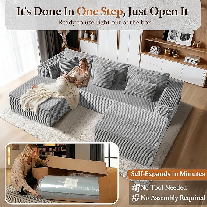 108" Oversized Cloud Sectional Couch, Comfort U Shaped Boneless Couch for Living Room, Extra Deep Seats No Assembly, Modular Sofa, Corduroy (Light Grey, 2 Seater+Right Facing Chaise+Ottoman)