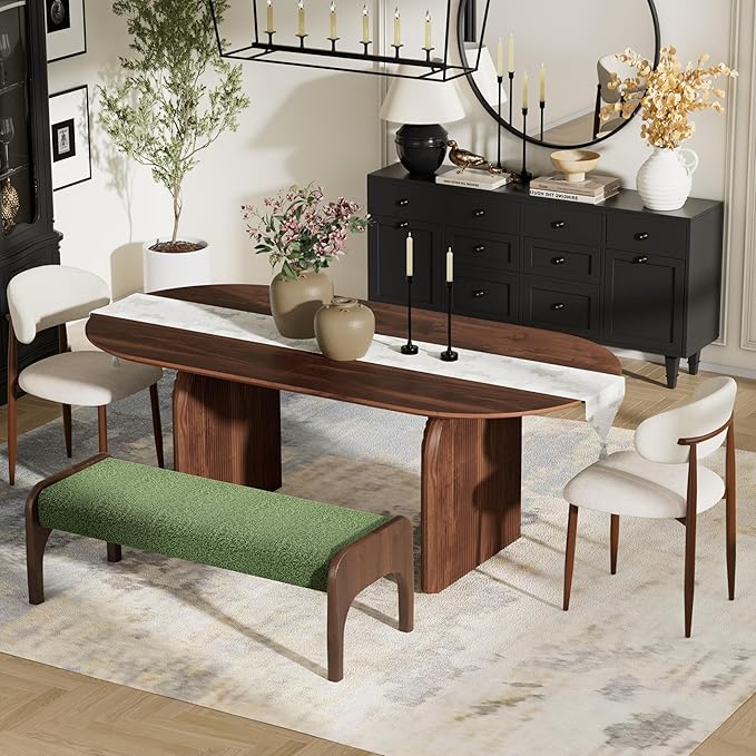 4-Piece Mid-Century Modern Dining Table Set, 63" Walnut Rectangular Table with 2 Dining Chairs & Bench, Dining & Kitchen Room Set for 4, Space-Saving Rustic Dining Set, Beige&Green