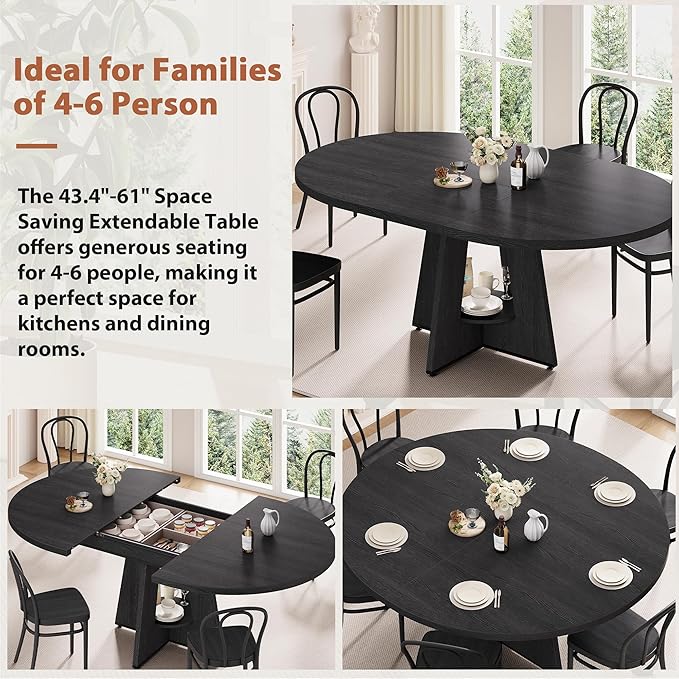 Extendable Dining Table, Round Kitchen Dining Room Dinner Table with for 4 6 8 People, Space Saving Modern Oval Expandale Furniture with Storage and Pedestal for Kitchen Living Room (Black)