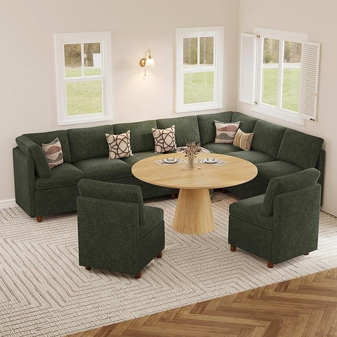 SITJOY Breakfast Nook Bench with Storage, Modular Corner Kitchen Banquette Seating, Dining Settee Couch, Upholstered Dining Bench with Back, Soft-to-Touch Fabric in Green, 9-Seat U Shaped Nook