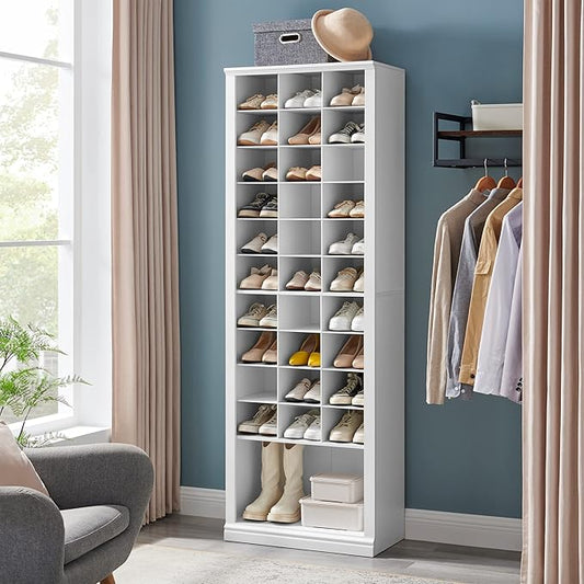 Hzuaneri 11 Tiers Shoe Storage Cabinet, Tall Shoes Cabinet with Cubby, Freestanding Wooden Shoe Organizer, 30-33 Pairs, Shoes Cubby Organizer for Entryway, Bedroom, White 02001BSR