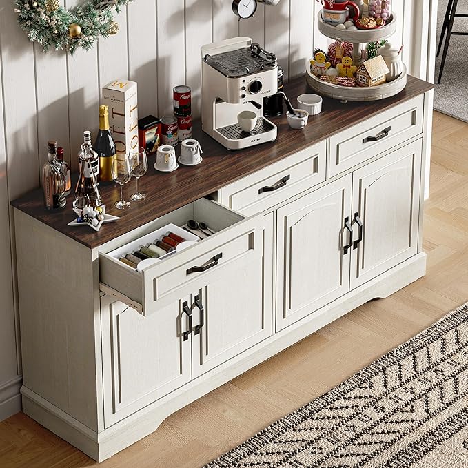 66" Large Sideboard Buffet Cabinet with Storage, Farmhouse Buffet Table Coffee Bar Wine Bar Kitchen Storage Cabinet with Drawers for Dining Room, Living Room, White & Walnut