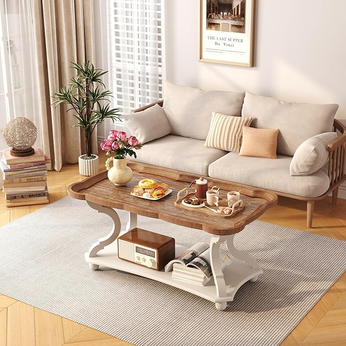 Function Home Farmhouse Coffee Table, 2-Tier Center Table with Storage Shelf, 39.8" French Country Rectangle Accent Table with Natural Tray Top and Curved Legs for Living Room Balcony, Vintage White