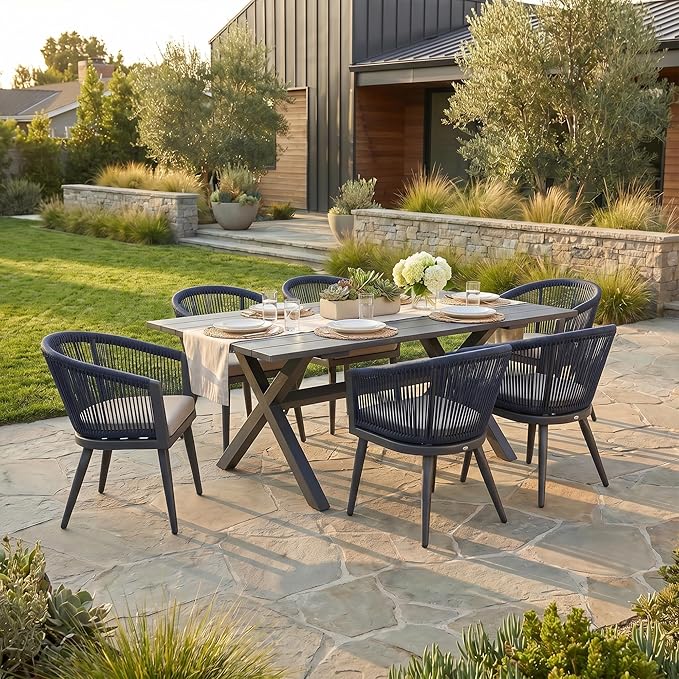 PURPLE LEAF Patio Dining Set for 6 All-Weather Wicker 7 Piece Aluminium Outdoor Table and Chairs Set Included Cushions for Backyard Indoor Decor Kitchen Modern Outdoor Furniture Set Grey and Navy