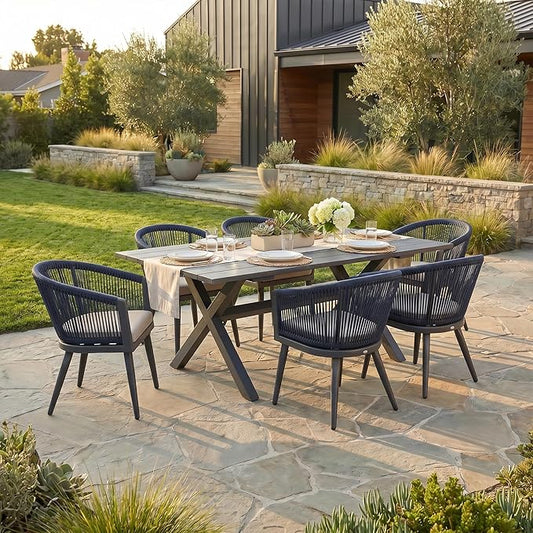 PURPLE LEAF Patio Dining Set for 6 All-Weather Wicker 7 Piece Aluminium Outdoor Table and Chairs Set Included Cushions for Backyard Indoor Decor Kitchen Modern Outdoor Furniture Set Grey and Navy