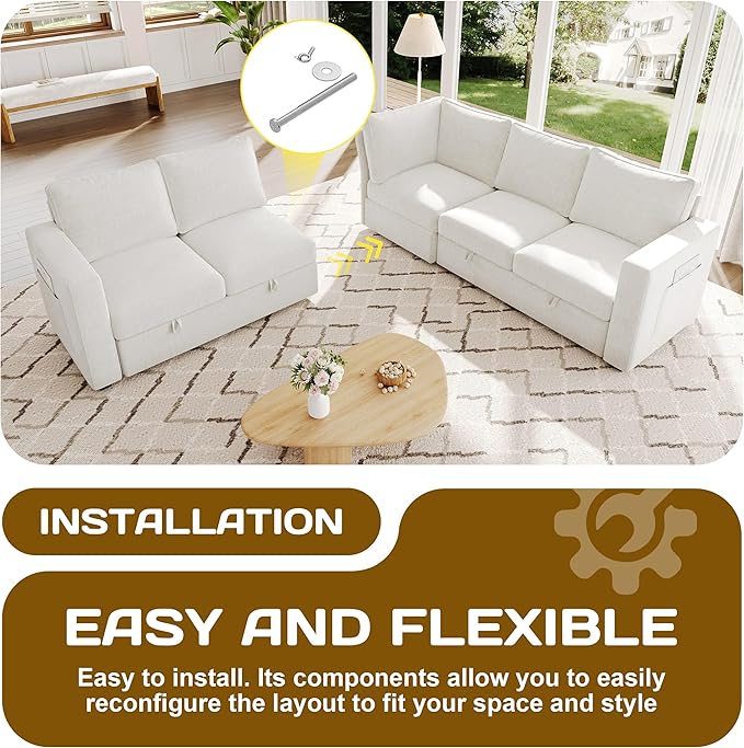 83.5" Sectional Sleeper Sofa with Pull Out Couch, Modern 5 Seat L Shaped Modular Couch, Sectionals Modular Sofa with Storage, Comfy Sectional Couches for Living Room & Apartment,Light Beige