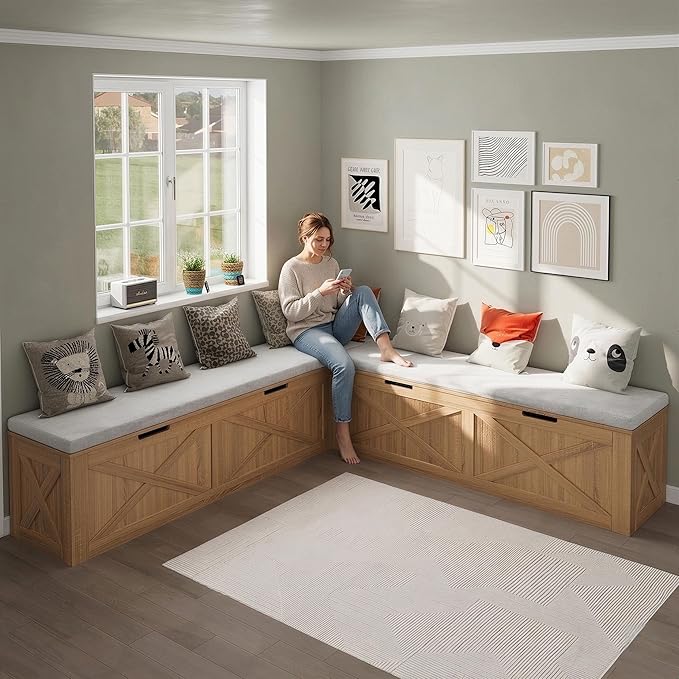 Bobve L-Shape Storage Bench with Cushion, Backless Corner Dining Bench, Kitchen Dining Nook Bench with Hidden Storage for Dining Room, Kitchen, Entryway (Wood+White)