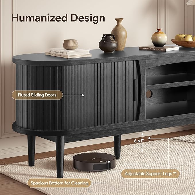 Decofy Mid Century TV Stand for TVs up to 90 Inches, Entertainment Center with Storage, Power Outlet, Fluted Sliding Doors & Adjustable Shelves, Modern Media TV Console Table for Living Room (Black)