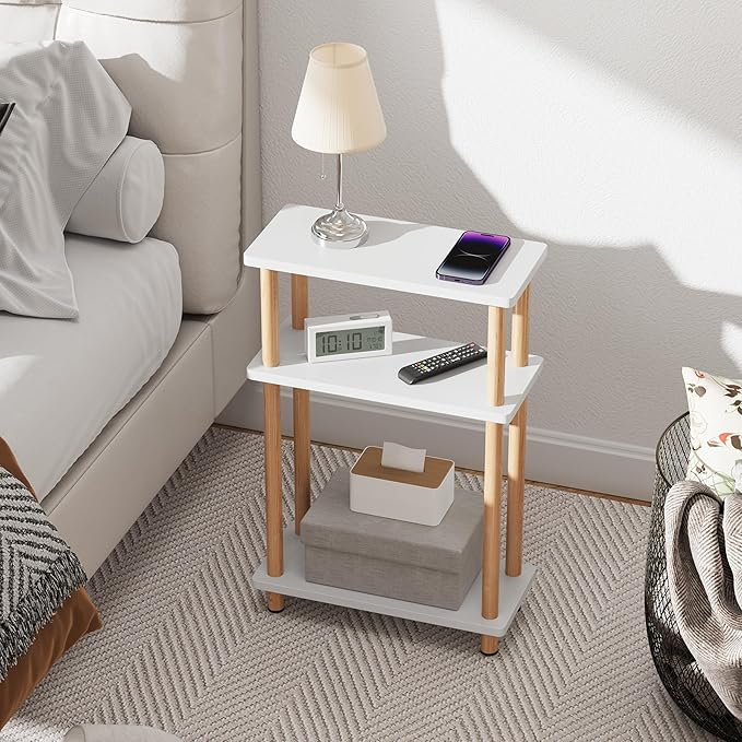 Apicizon 3 Tier End Table, Narrow Side Table with Storage Shelf, Bedroom, Living Room, Entryway, Farmhouse, White and Natural
