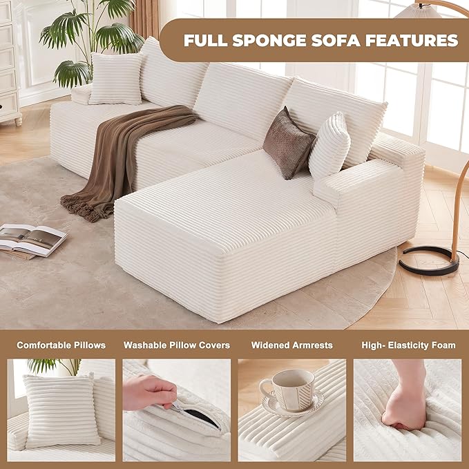 Mangodan Cloud Sectional Sofa, Boneless Couch for Living Room, Modular Sectional Sofa with Deep Seat, Fluffy L-Shaped Comfy Couch with Right-Facing Chaise, No Assembly Required, Beige
