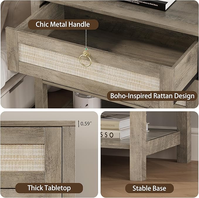 Xixini Nightstand wih 2 Drawers & Open Shelf, 27" Wide Rattan Boho Bedside Table with Brass Knobs, Small Mid Century Modern Night Stand, Wooden End Side Table for Bedroom, Living Room, Closet, Grey
