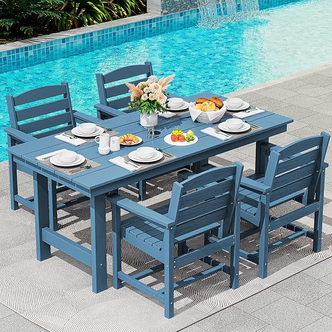 SERWALL Patio Table Set, Outdoor HDPE Dining Furniture with Umbrella Hole, All Weather for Lawn, Garden, Backyard, Poolside, Blue | with Umbrella Hole