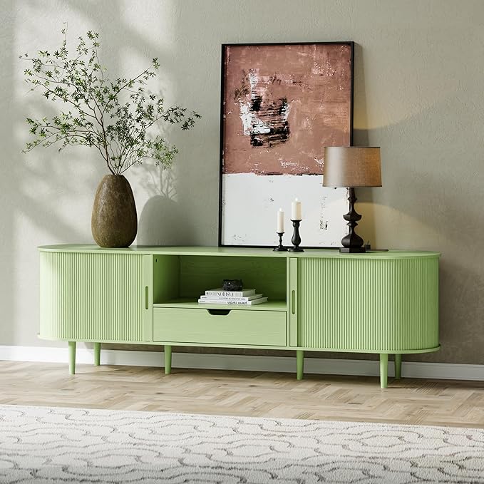 DHH 71" Fluted TV Stand with Power Outlet for TVs up to 80", TV Console with Adjustable Shelves and Sliding Door,Mid Century Modern Entertainment Center for Living Room,Bedroom (Green, 71Inch)