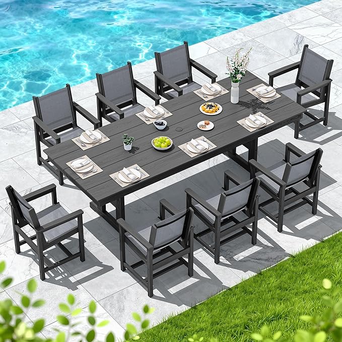 SERWALL 9 Piece Outdoor Dining Set, 84" HDPE Outdoor Large Table and Textilene Sling Chairs for 8，All Weather Patio Dining Furniture Set with Umbrella Hole for Backyard, Garden, Black
