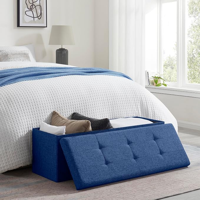 Ornavo Home Folding Storage Ottoman, 43 Inch Extra Large Storage Bench with Lid, Foot Rest Stool for Bedroom, Living Room, Entryway, Tufted Linen Upholstered - Navy Blue
