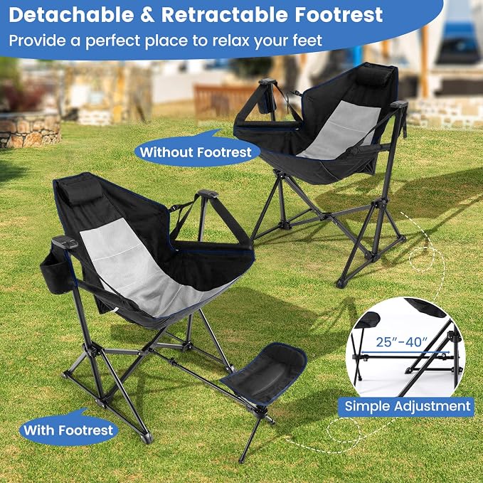 COSTWAY Folding Camping Chair, Portable Beach Chair with Retractable Footrest, Adjustable Back, Cup Holder & Carry Bag, Outdoor Lawn Patio Chair for Camping, Fishing, Hiking (Black, 2 Pack)