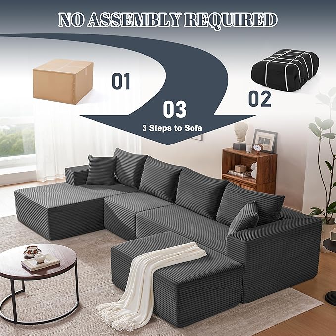Mangodan 140” Cloud Sectional Couch, Modular Sectional Sofa with Deep Seat, Boneless Sofa for Living Room, Fluffy Comfy U-Shaped Couch with Left Facing Chaise, No Assembly Required, Grey