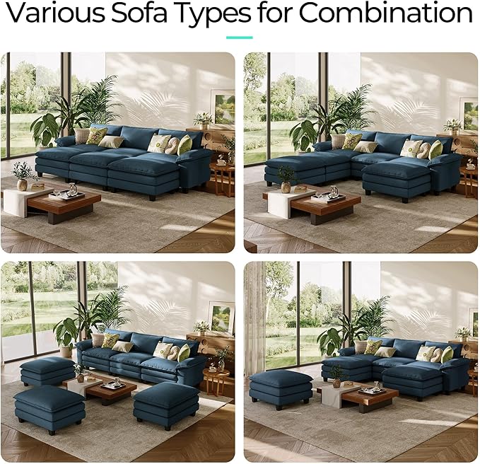 LINSY HOME 123" Modular Sectional Sofa, 3-Seat Corduroy Modern Cloud Couch with Deep Seat & 3 Movable Ottoman, Perfect for Living Room, Office, Bedroom, Blue