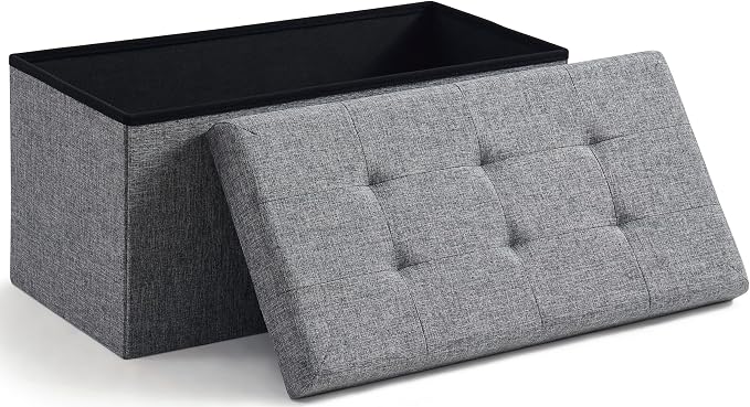 Ornavo Home Folding Storage Ottoman, 30 Inch Large Storage Bench with Lid, Foot Rest Stool for Bedroom, Living Room, Entryway, Tufted Linen Upholstered - Gray