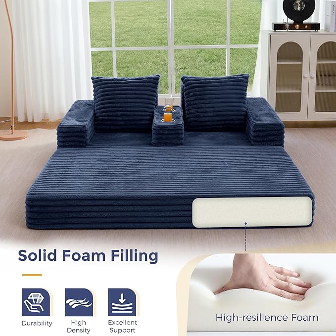 MAXYOYO Loveseat Sofa Bed, Striped Faux Fur Foldable Floor Sofa Couch in A Box, 4 in 1 Convertible Boneless Couch with 2 Cup Holders, Folding Recliner Sleeper Chair, No Assembly Required, Navy