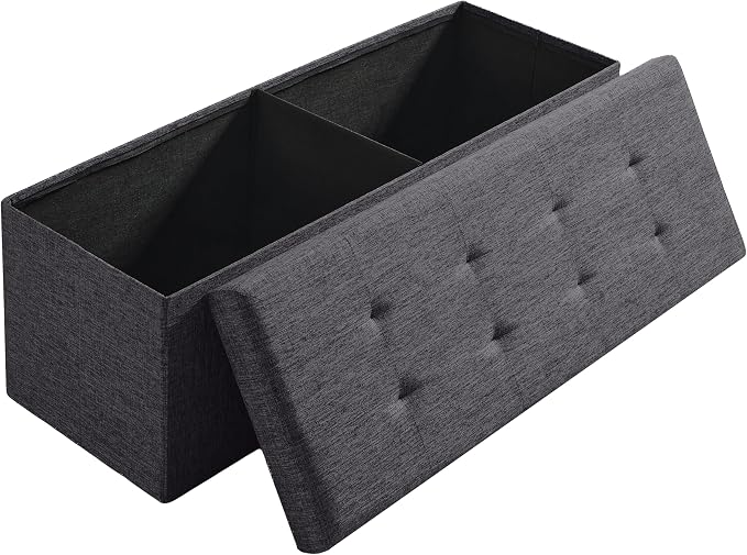 Ornavo Home Folding Storage Ottoman, 43 Inch Extra Large Storage Bench with Lid, Foot Rest Stool for Bedroom, Living Room, Entryway, Tufted Linen Upholstered - Dark Gray