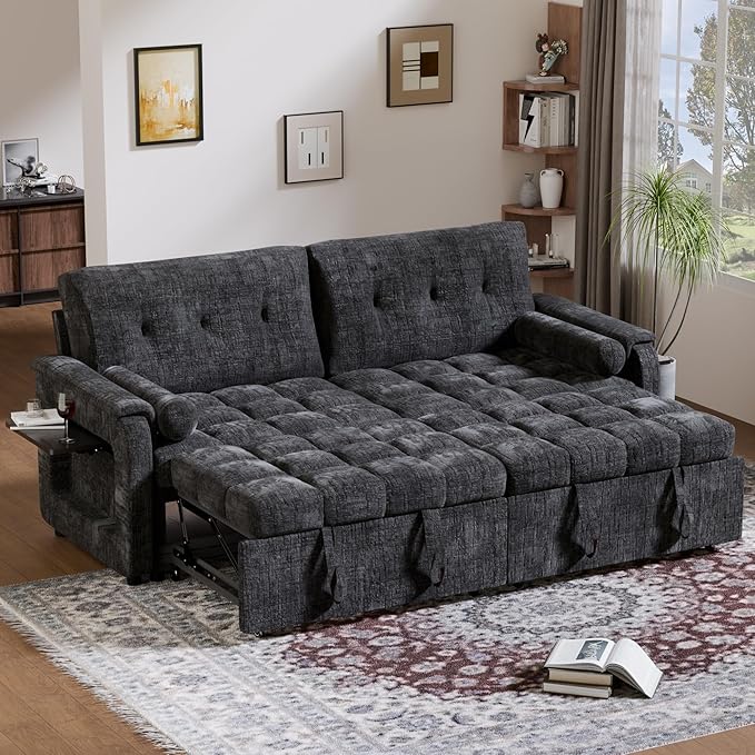 Convertible Sleeper Sofa Bed, 86 Inch Chenille Pull Out Couch with Side Table & Adjustable Backrest, Sectional Sleeper Sofa with Pull Out Bed for Living Room, Apartment, Black